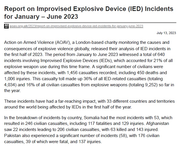 Report on Improvised Explosive Device (IED) Incidents for January – June 2023